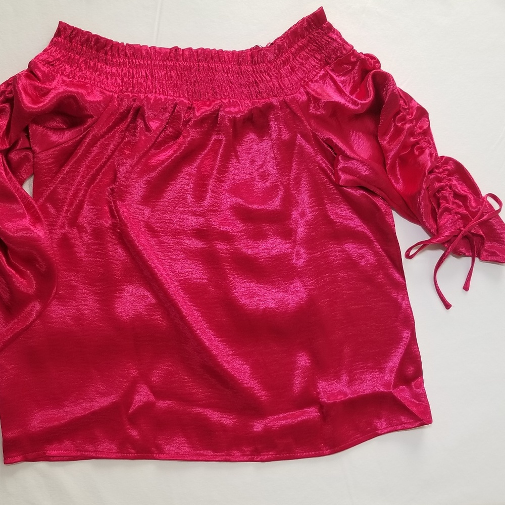 Blouse - Fuchsia Off-Shoulder Tie Sleeves